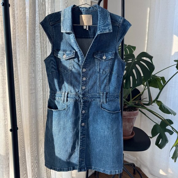PAIGE Jaxsyn Cap-Sleeve Utility Denim Mini Dress - Size 8 - Picture 1 of 7
